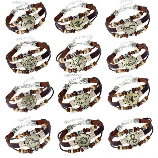 Vintage Twelve Constellations Bracelet Leather Couple Bracelet Beaded Multi Layer Bracelet