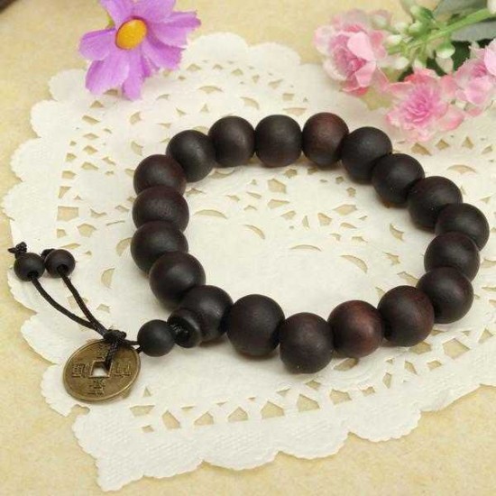 Vintage Unisex Black Buddhist Tibetan Prayer Wood Beads Coin Bracelet for Men