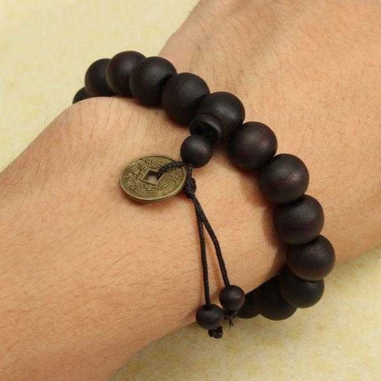 Vintage Unisex Black Buddhist Tibetan Prayer Wood Beads Coin Bracelet for Men