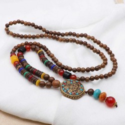 Vintage Wood Beaded Pendant Necklace Ethnic Prayer Beads Long Charm Unisex Necklaces