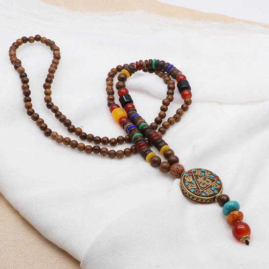 Vintage Wood Beaded Pendant Necklace Ethnic Prayer Beads Long Charm Unisex Necklaces