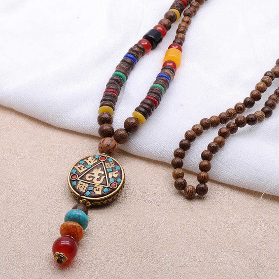 Vintage Wood Beaded Pendant Necklace Ethnic Prayer Beads Long Charm Unisex Necklaces