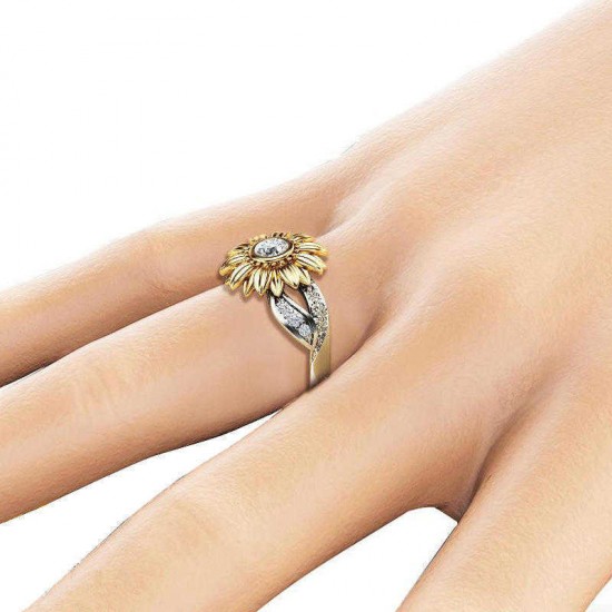 Vintage Zircon Inlaid Gold Sunflower Hollow Leaf Platinum Ring Gift for Her