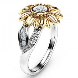 Vintage Zircon Inlaid Gold Sunflower Hollow Leaf Platinum Ring Gift for Her