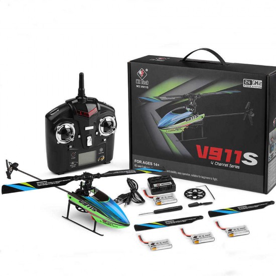 WLtoys V911S 2.4G 4CH 6-Aixs Gyro Flybarless RC Helicopter RTF With 4PCS 3.7V 250MAh Lipo Battery