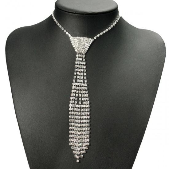 White Crystal Drop Rhinestone Neck Tie Women Necklace Chain