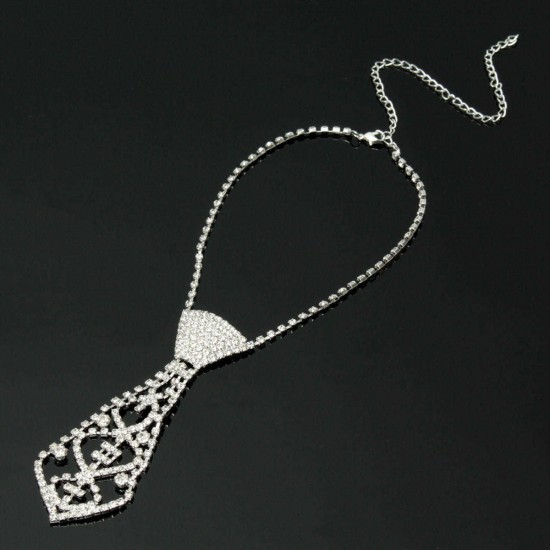 White Crystal Drop Rhinestone Neck Tie Women Necklace Chain