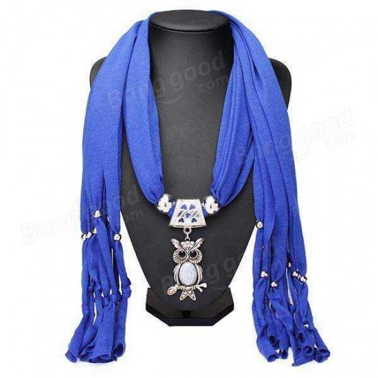 White Oval Stone Crystal Owl Pendant Scarf Necklace Women Jewelry