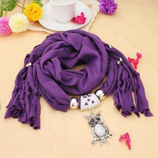 White Oval Stone Crystal Owl Pendant Scarf Necklace Women Jewelry