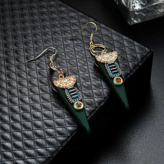 Women Bohemian Earrings Ethnic Gemstone Inlay Triangle Pendant Gold Plated Ear Drop Boho Jewelry