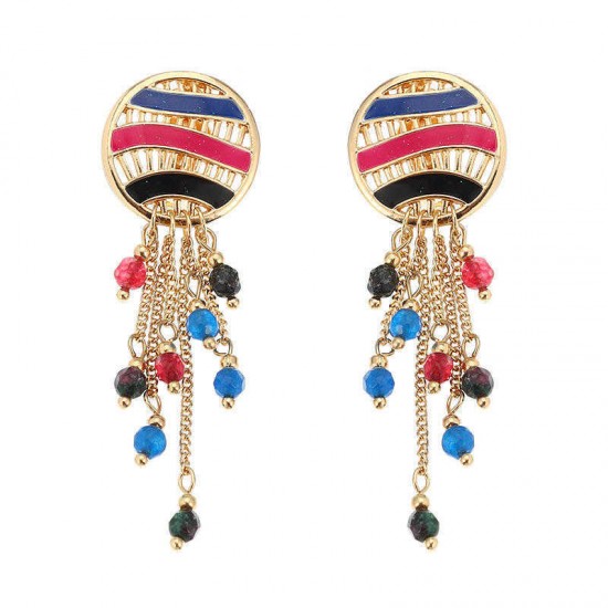 Women Bohemian Earrings Gold Plated Round Charm Tassel Colorful Bead Pendant Ear Clip Boho Jewelry