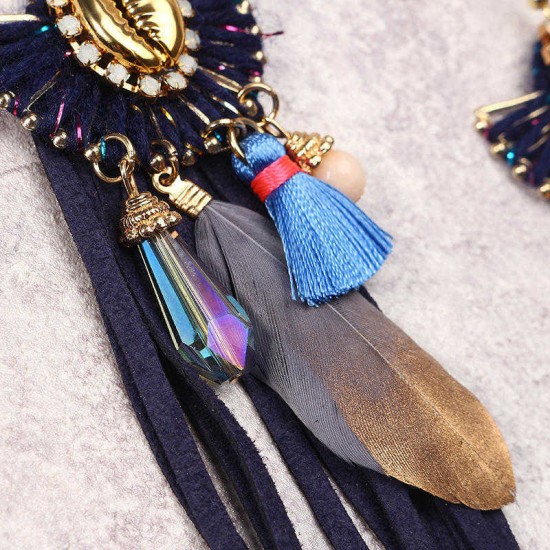 Women Bohemian Earrings Luxury Gold Plated Suede Tassel Pendant Elegant Feather Ear Drop Boho Gift