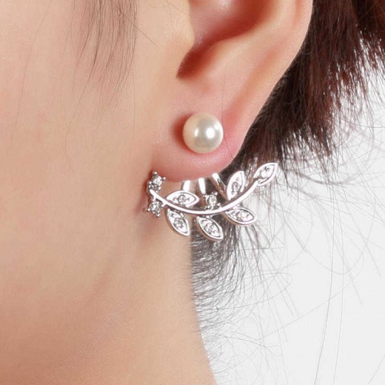 Women Elegant Rhinestone Leaf Pearl Ear Stud Silver Rose Gold Earrings Gift for Female