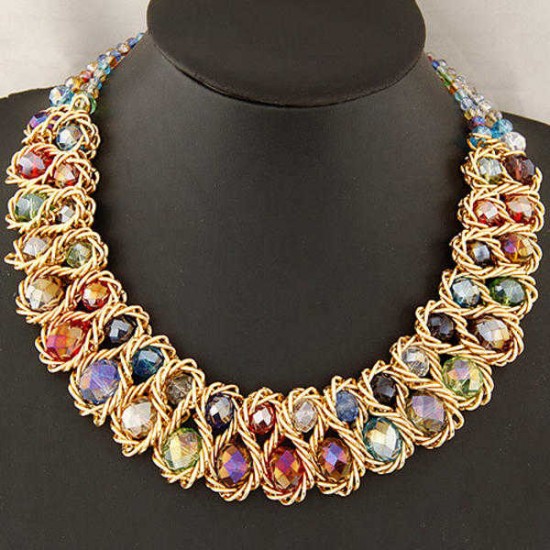 Women Multicolor Crystal Charm Gold Exaggerated Bib statement Necklace Jewelry Gift