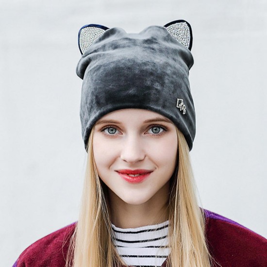 Women Velour Rhinestone Deco Cat Ear Windproof Beanie Cap Animal Hat