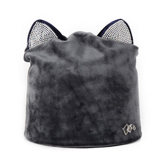 Women Velour Rhinestone Deco Cat Ear Windproof Beanie Cap Animal Hat