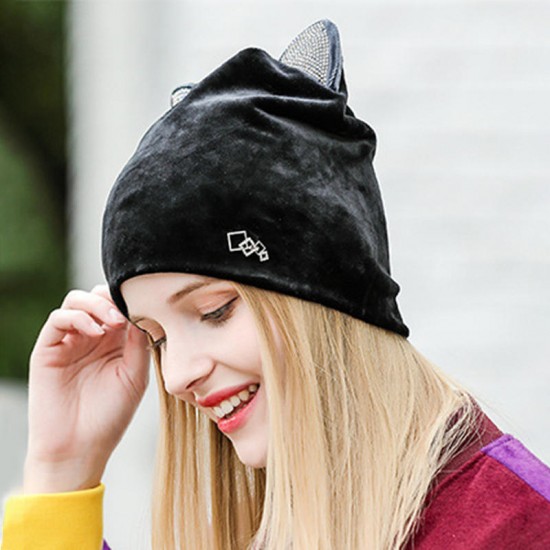 Women Velour Rhinestone Deco Cat Ear Windproof Beanie Cap Animal Hat