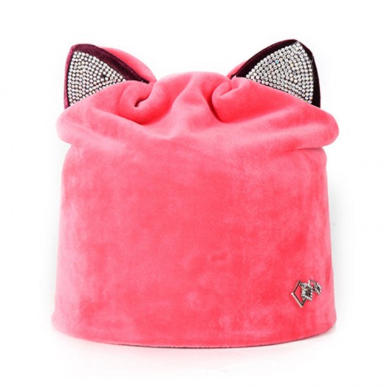 Women Velour Rhinestone Deco Cat Ear Windproof Beanie Cap Animal Hat