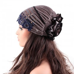 Women Velvet Bow Indian Ethnic Style Side Flower Turban Cap Flexible Headband