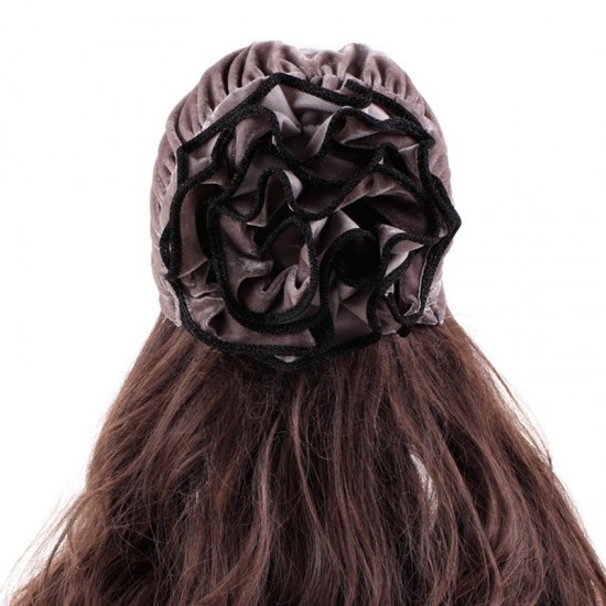 Women Velvet Bow Indian Ethnic Style Side Flower Turban Cap Flexible Headband