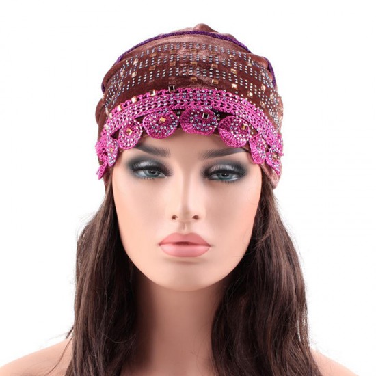 Women Velvet Bow Indian Ethnic Style Side Flower Turban Cap Flexible Headband