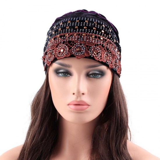 Women Velvet Bow Indian Ethnic Style Side Flower Turban Cap Flexible Headband