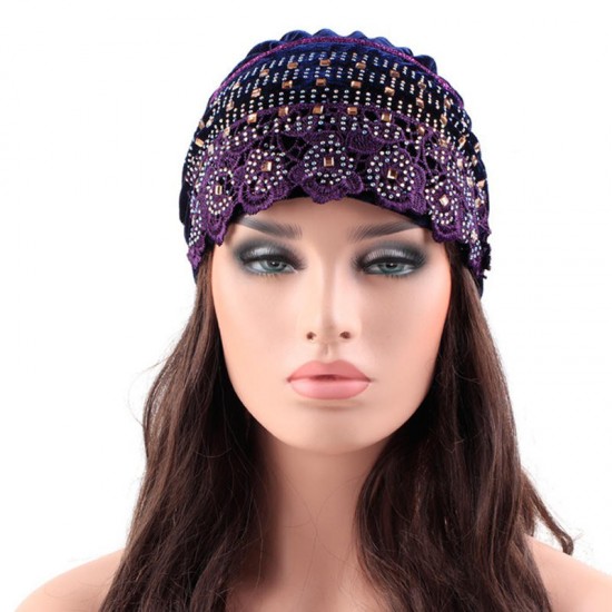 Women Velvet Bow Indian Ethnic Style Side Flower Turban Cap Flexible Headband