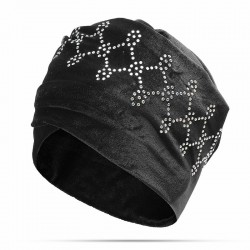 Women Velvet Elastic Beanie Cap Luxury Solid With Shine Rhinestones Bonnet Cap