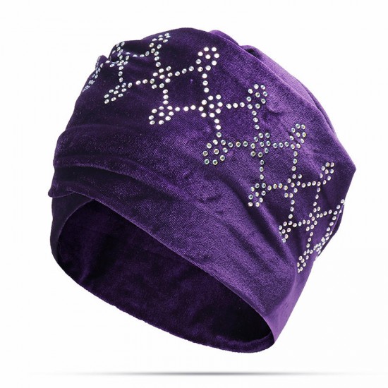 Women Velvet Elastic Beanie Cap Luxury Solid With Shine Rhinestones Bonnet Cap