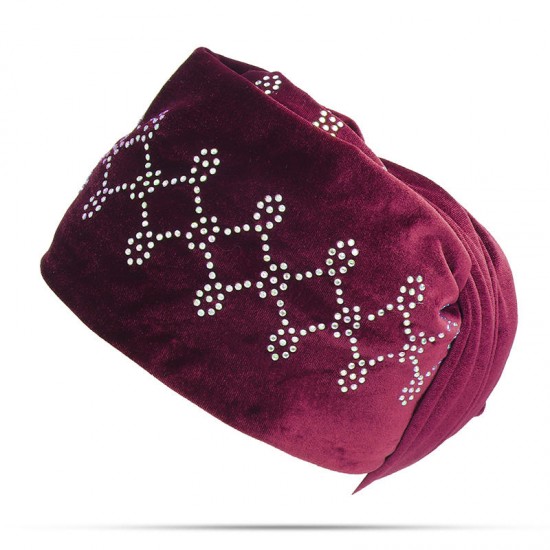 Women Velvet Elastic Beanie Cap Luxury Solid With Shine Rhinestones Bonnet Cap