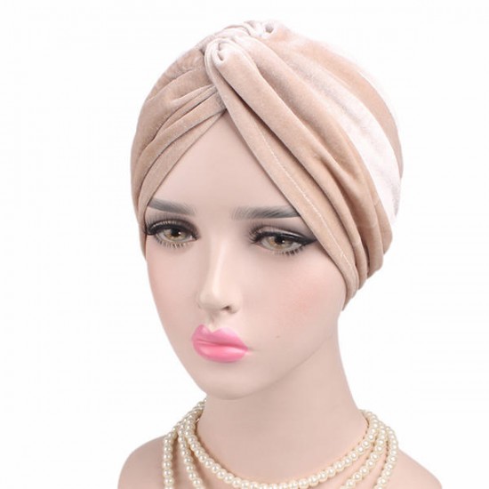 Women Velvet Solid Color Turban Hat Ear Protect Casual Elastic Beanies Cap