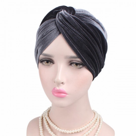 Women Velvet Solid Color Turban Hat Ear Protect Casual Elastic Beanies Cap