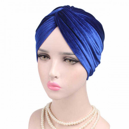 Women Velvet Solid Color Turban Hat Ear Protect Casual Elastic Beanies Cap