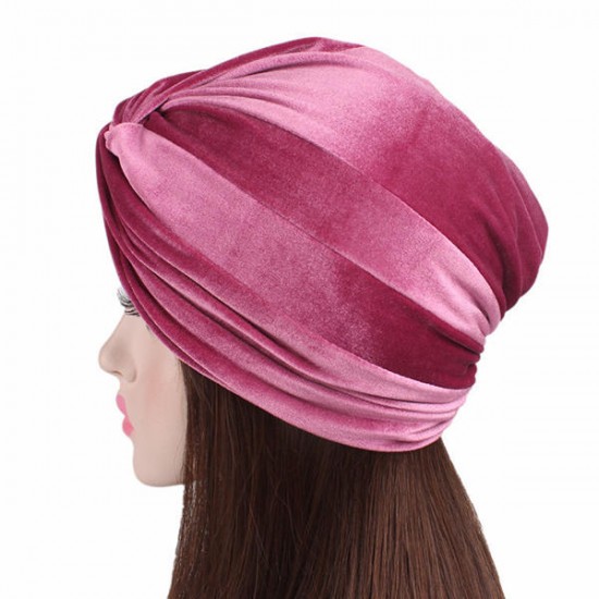 Women Velvet Solid Color Turban Hat Ear Protect Casual Elastic Beanies Cap