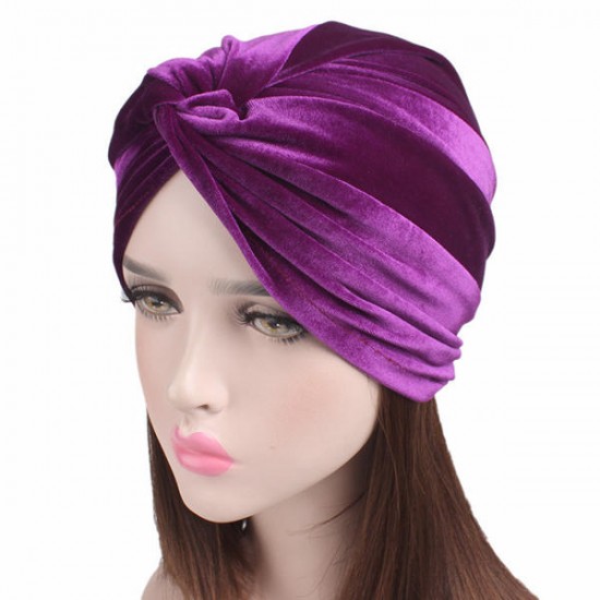 Women Velvet Solid Color Turban Hat Ear Protect Casual Elastic Beanies Cap