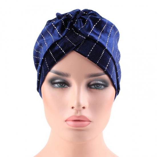 Women Velvet Stripe Crossed Indian Ethnic Style Turban Cap Flexible Headband