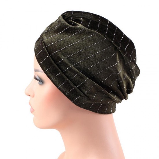 Women Velvet Stripe Crossed Indian Ethnic Style Turban Cap Flexible Headband