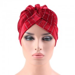 Women Velvet Stripe Crossed Indian Ethnic Style Turban Cap Flexible Headband