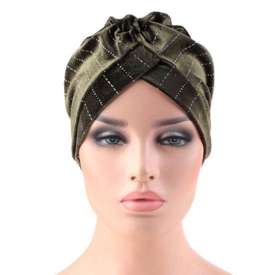 Women Velvet Stripe Crossed Indian Ethnic Style Turban Cap Flexible Headband