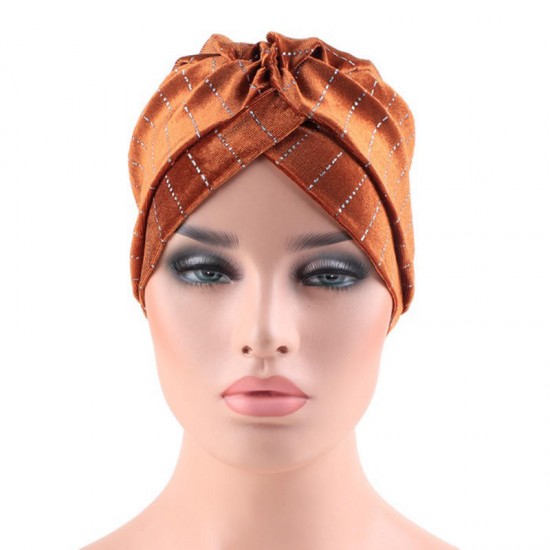 Women Velvet Stripe Crossed Indian Ethnic Style Turban Cap Flexible Headband