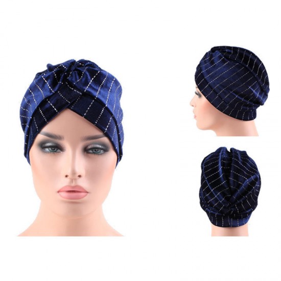 Women Velvet Stripe Crossed Indian Ethnic Style Turban Cap Flexible Headband