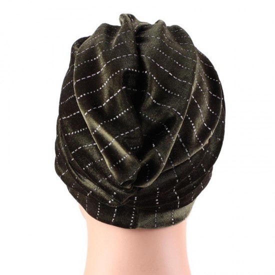 Women Velvet Stripe Crossed Indian Ethnic Style Turban Cap Flexible Headband