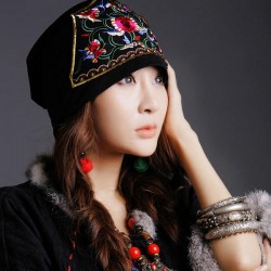 Women Vintage Beanie Caps Ethnic Embroidery Flowers Slouch Skullcap Cotton Breathable Hat