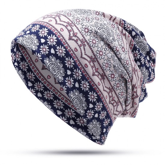 Women Vintage Muslim Ethnic Beanie Hats Outdoor Floral  Double Layers Earmuffs Skull Cap