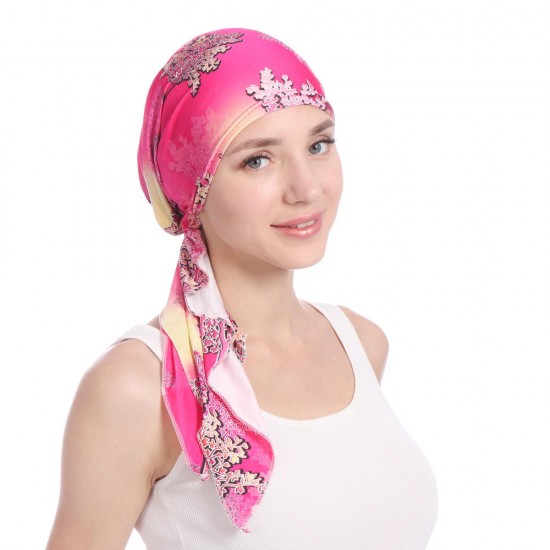 Women Vintage Muslim Floral Bandaged Turban Hat Bohemia Ponytail Headscarf