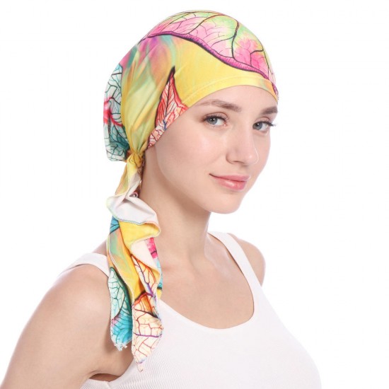 Women Vintage Muslim Floral Bandaged Turban Hat Bohemia Ponytail Headscarf