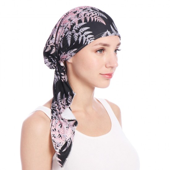 Women Vintage Muslim Floral Bandaged Turban Hat Bohemia Ponytail Headscarf