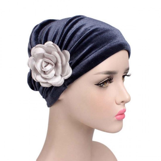 Women Vintage Muslim Flower Pleated Velvet Turban Hat Casual Chemotherapy Beanie Cap