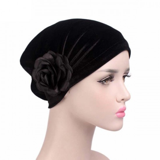 Women Vintage Muslim Flower Pleated Velvet Turban Hat Casual Chemotherapy Beanie Cap