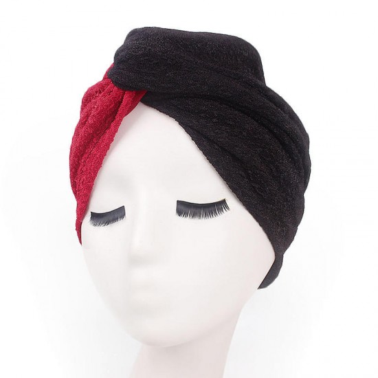 Women Vintage Muslim Polyester Crossed Chemical Turban Hat Casual Stripe Beanie Cap